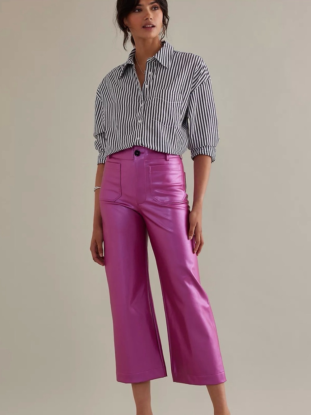 Maeve By Anthropologie The Colette Faux Leather Crop Wide Leg Pant Metallic Pink